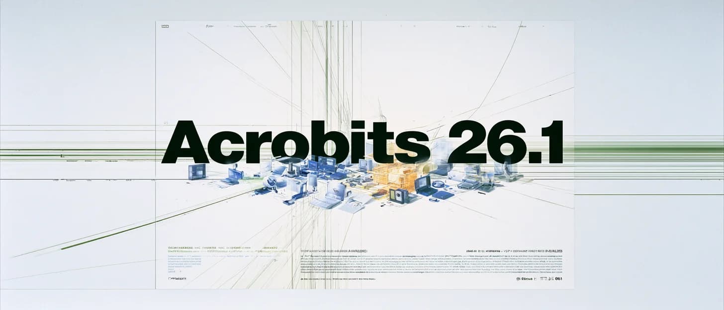The wordmark Acrobits 26.1 in heavy black type across a pale technical drawing, where phones, laptops and desk hardware converge toward a vanishing point on fine green and grey perspective lines.
