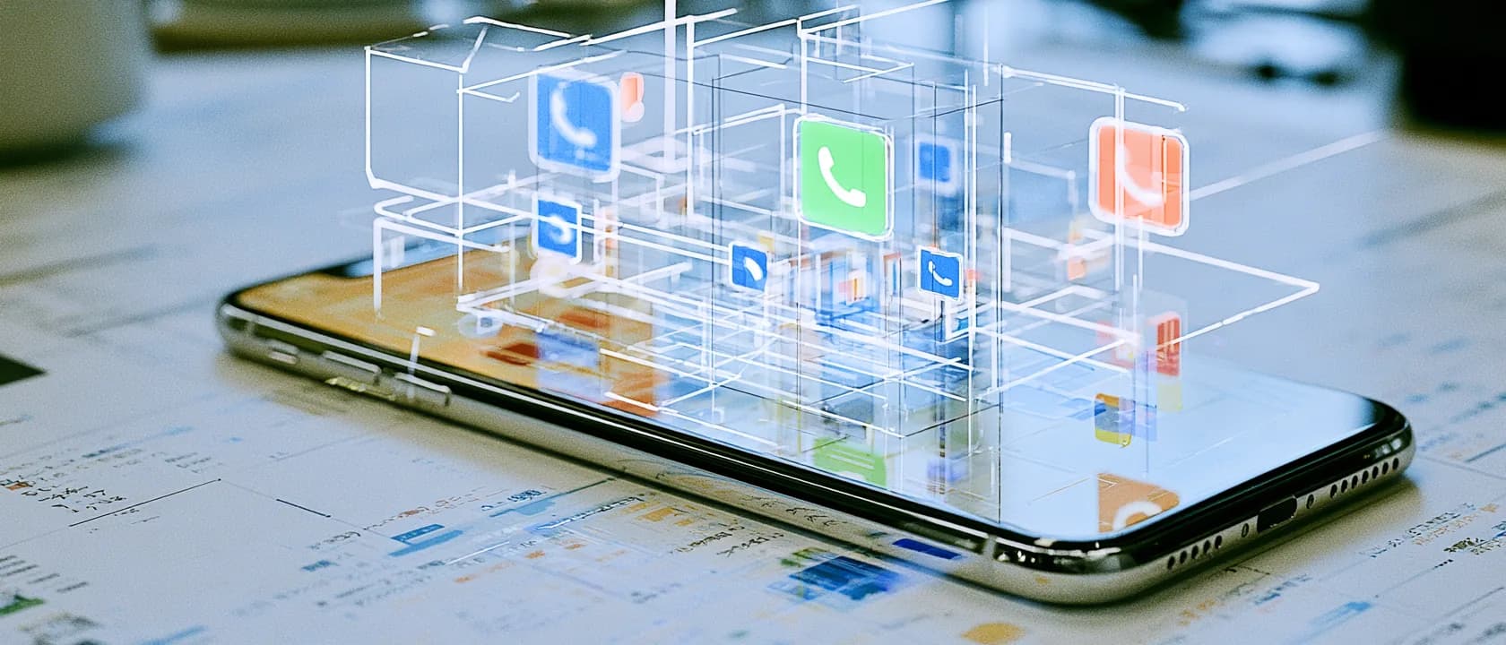 Holographic grid of call and messaging app icons hovering over a smartphone, illustrating mobile unified communications
