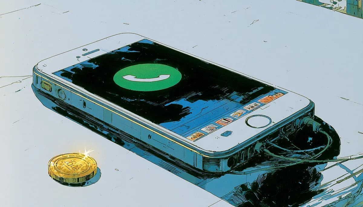Moebius-style illustration of a branded softphone app on a smartphone beside a single gold coin, evoking per-seat pricing and margin on a branded mobile app