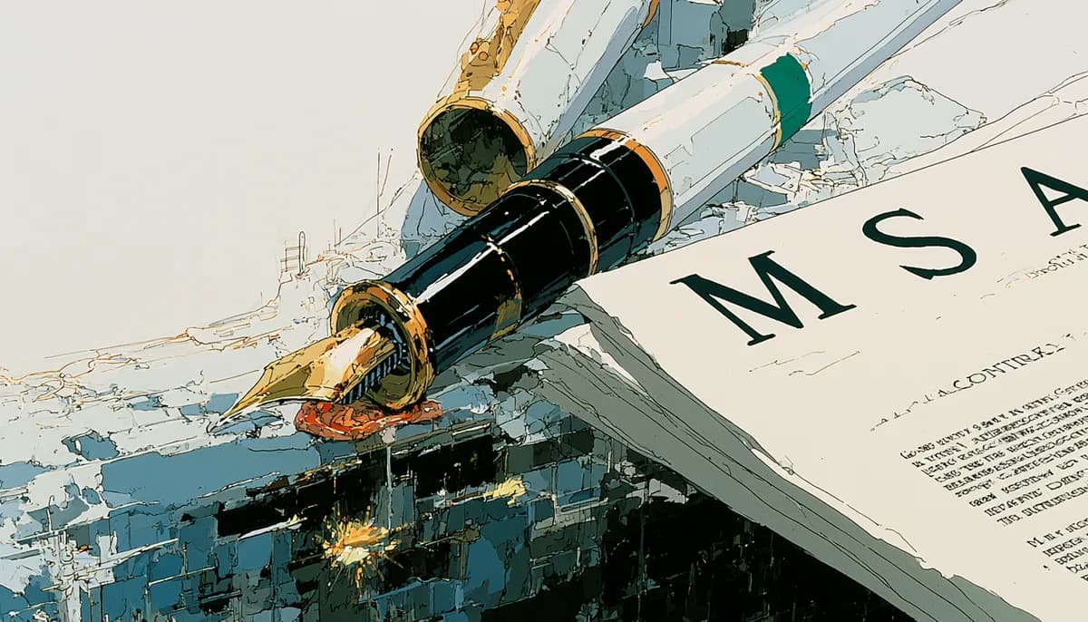 Moebius-style illustration of a fountain pen resting on a signed white-label softphone MSA contract, evoking the key clauses operators review before signing