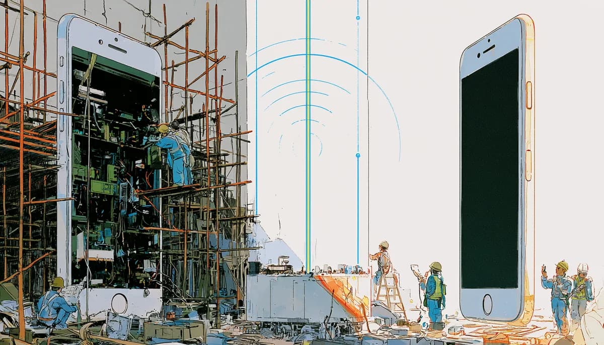 Half-built smartphone on scaffolding beside a finished glowing phone, illustrating build vs white-label softphone