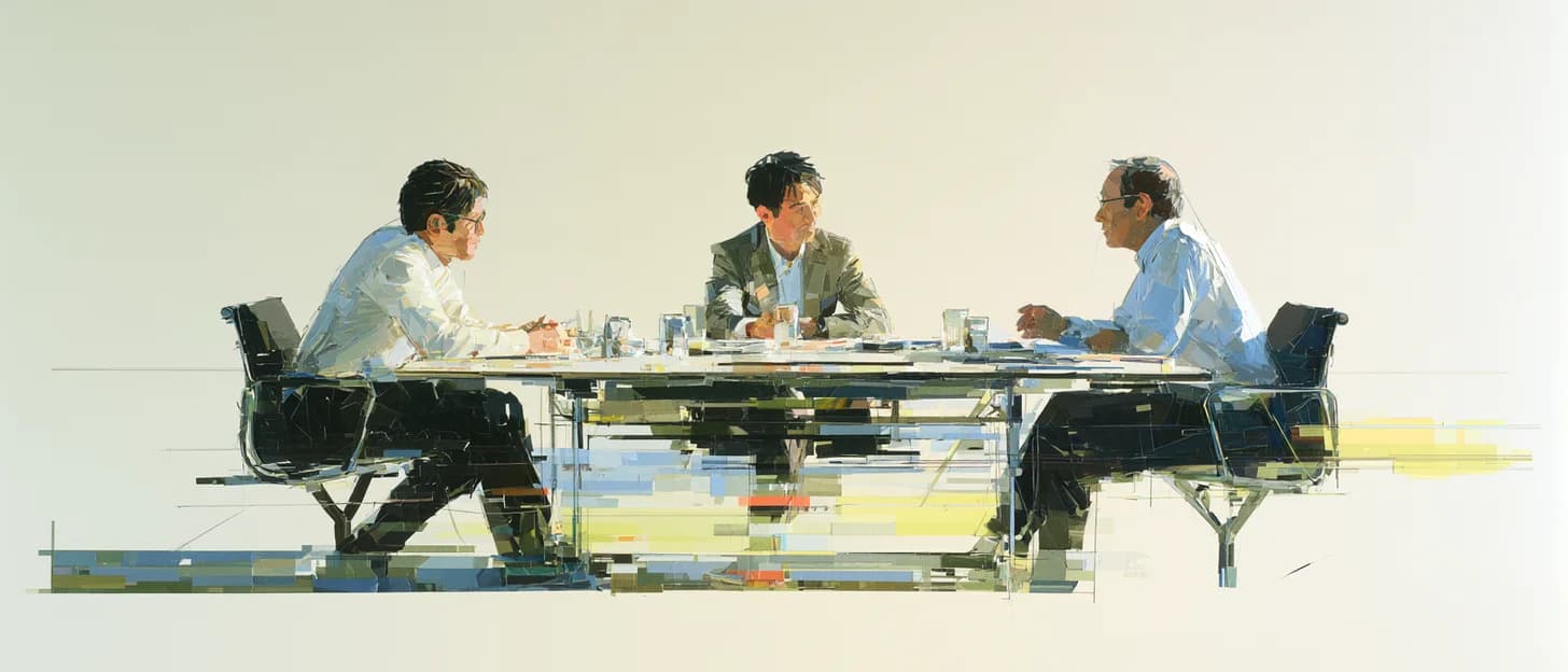 Three people at a conference table in a painted office, weighing white label vs generic softphone before the first demo.