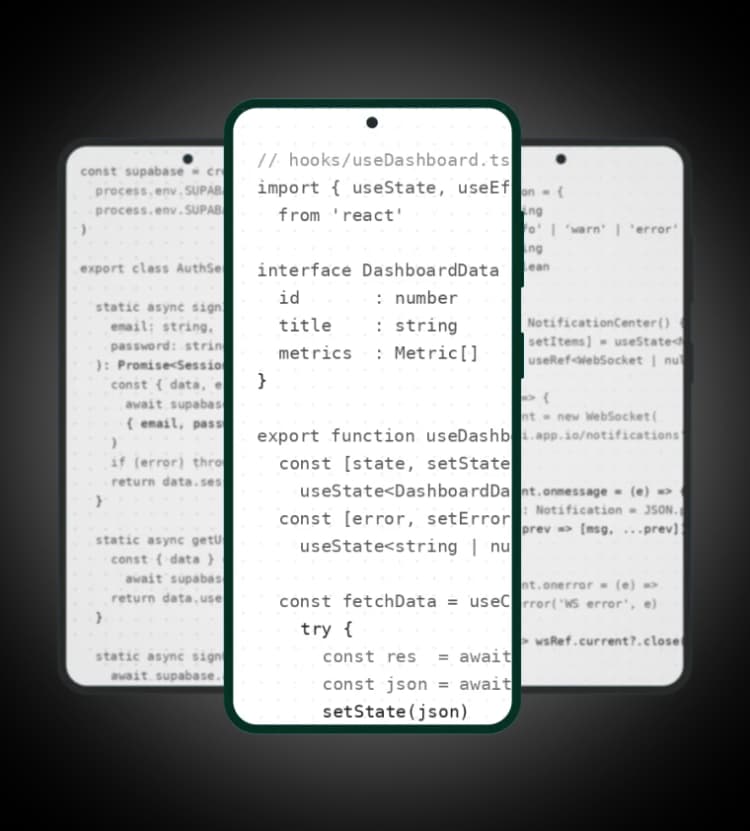 Three phones showing code and development interfaces