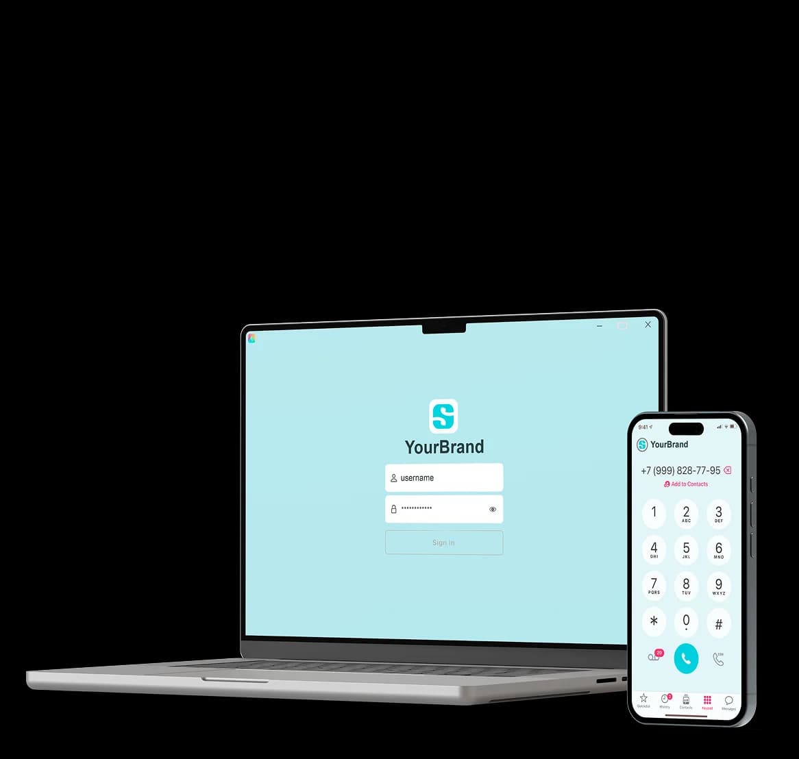 Cloud Softphone branded application on laptop and mobile