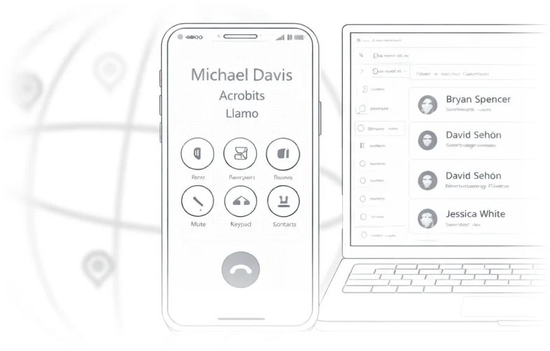 Phone and laptop showing Acrobits softphone interface