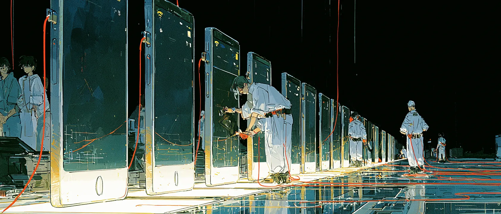 Engineers migrating a long row of branded softphone subscribers off MetaSwitch onto a new platform in staged batches, red cables connecting each glowing phone