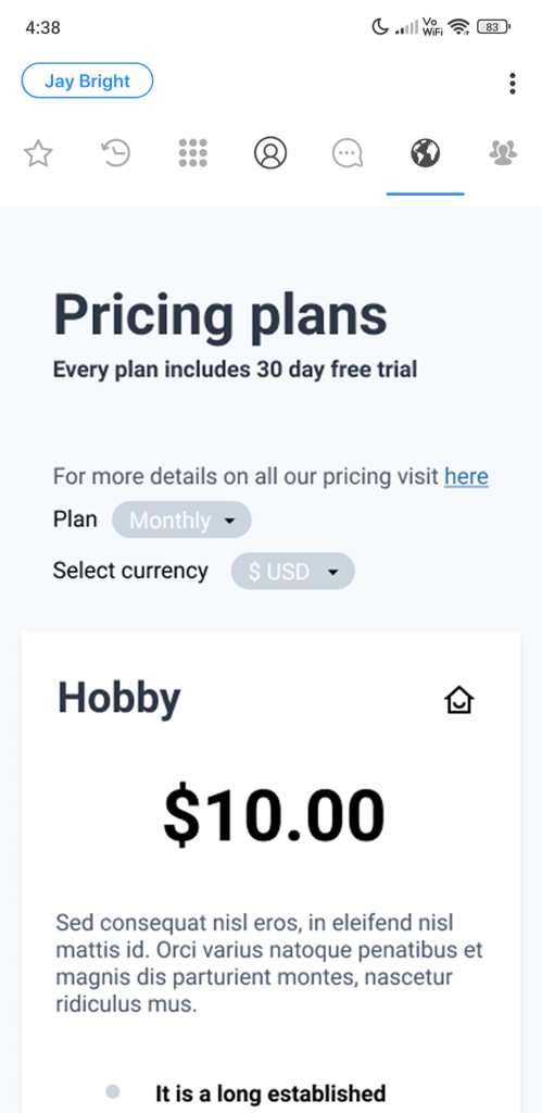 Pricing plans displayed on Web Tab Views Feature on the sofpthone app