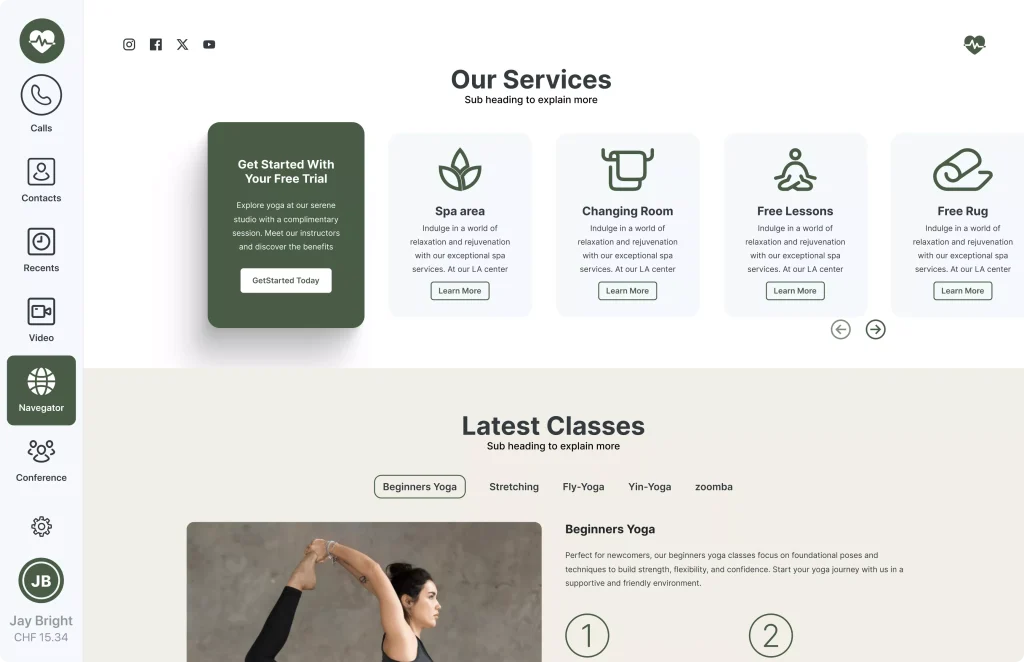 Added services displayed on a softphone web tab views