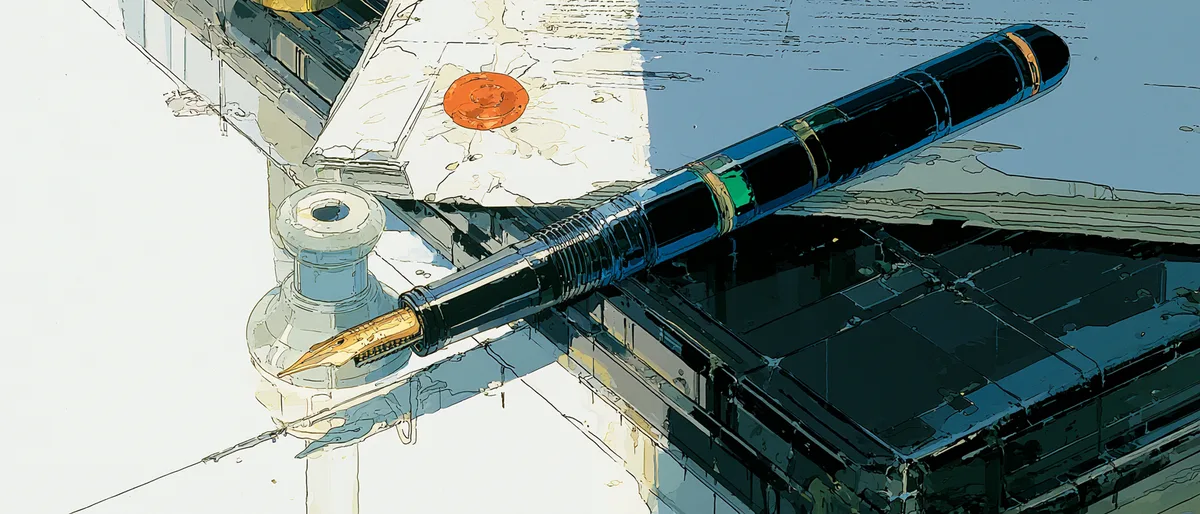 A black fountain pen, glass ink well, and red wax seal resting on a signed white-label softphone Master Service Agreement