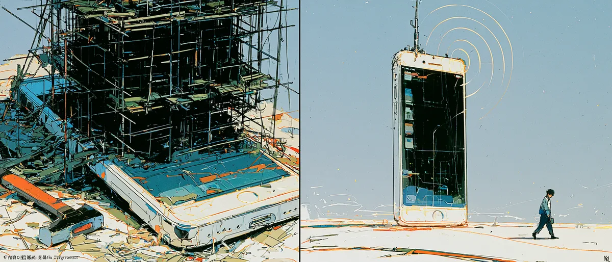 A smartphone collapsed under construction scaffolding beside a finished smartphone emitting signal waves as a person walks toward it, contrasting a failed build with a working white-label softphone