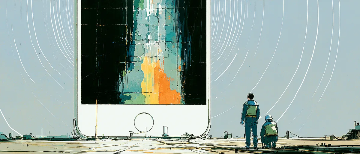 Engineers looking up at a towering smartphone emitting signal waves, weighing whether to build or white-label a softphone