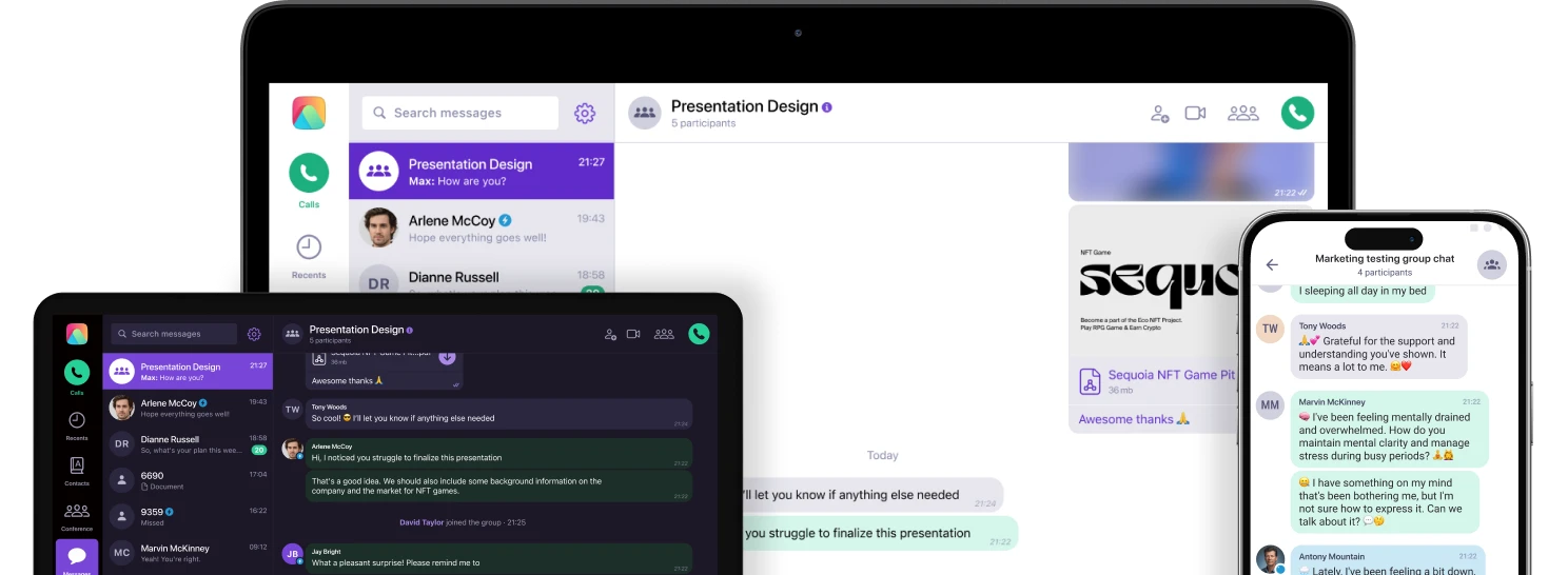 3 Screens Showing White Label Messaging App For Telco Resellers