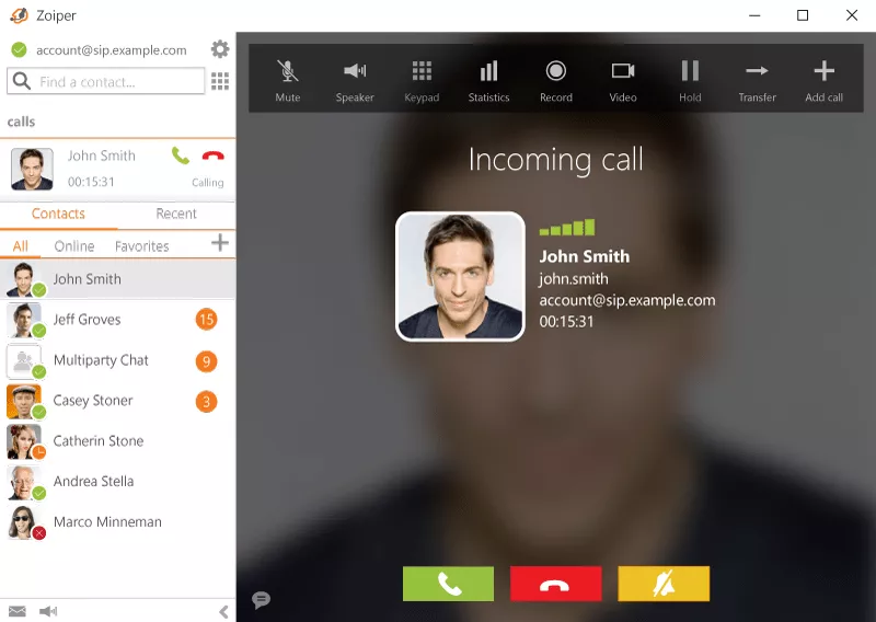 User interface of an incoming call on Zoiper 5 Softphone software